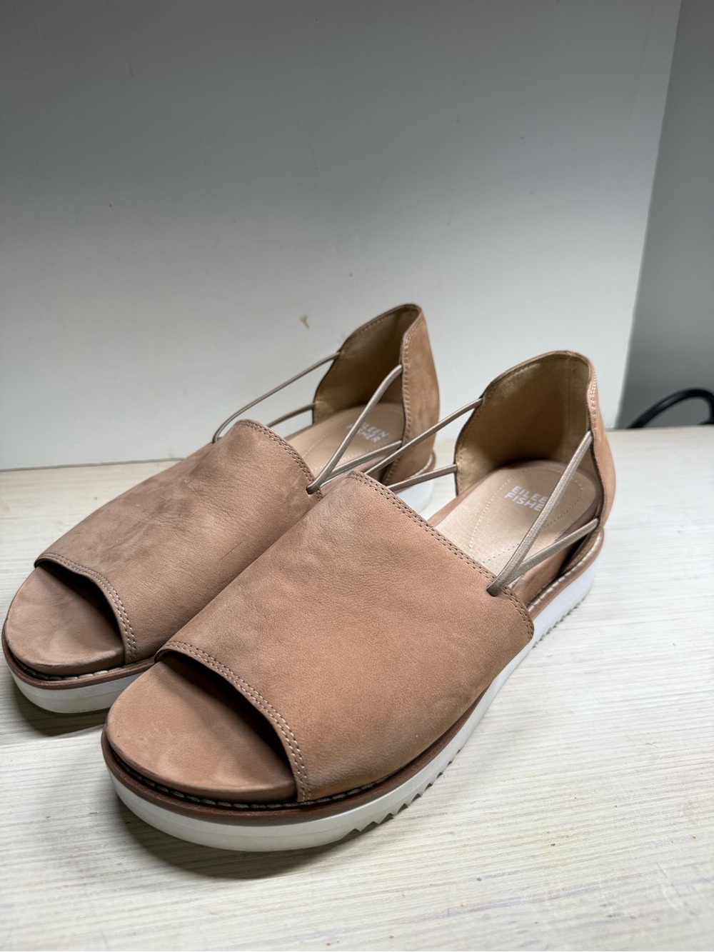 Eileen Fisher Ken Nubuck Leather Platform Sandals Tan Minimalist Women Size 8